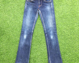 Y2K Low Rise Bootcut Jeans W27 L29, Vintage Distressed Zipped Pocket Stretch Denim Pants