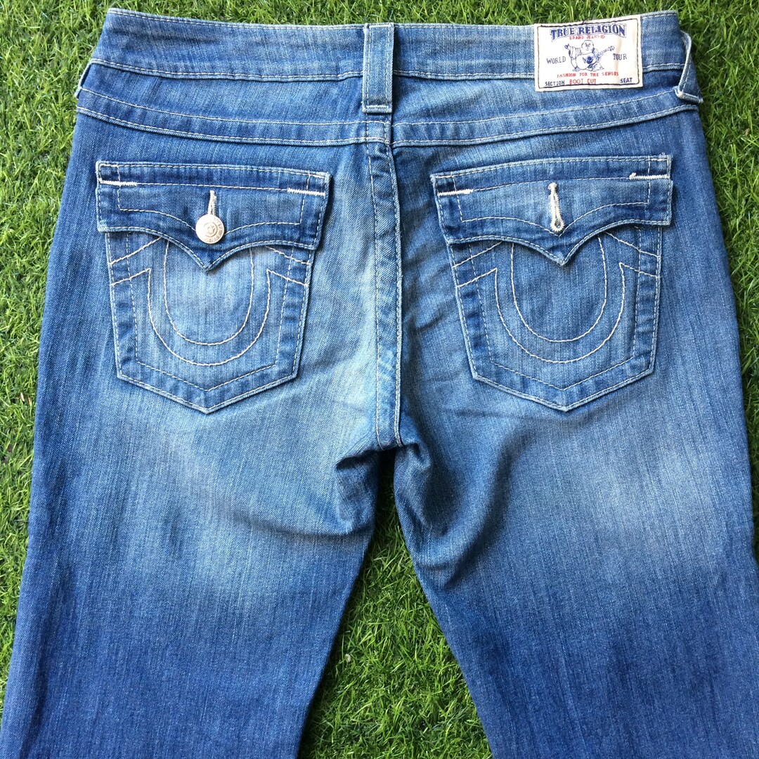 USA製00s TRUE RELIGION W32 BOOT CUT DENIM True Religion Medium Blue Wash 2000's Grunge Style Low-rise