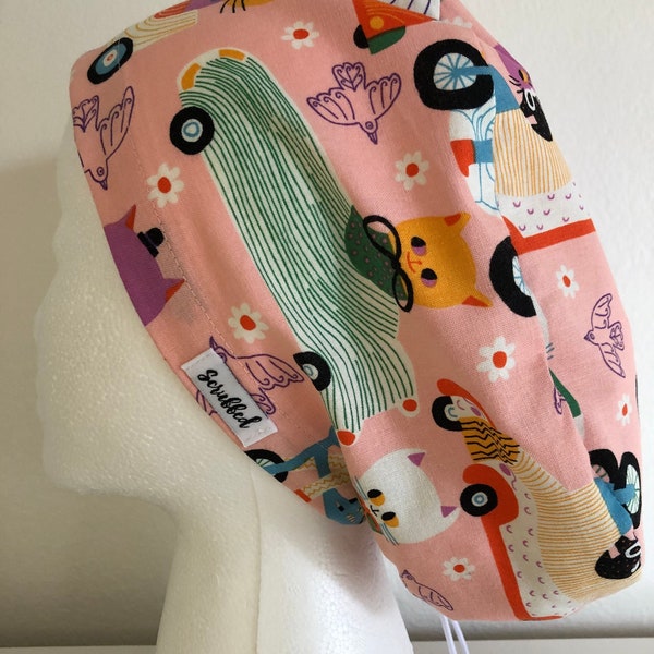 Cat Race pink elastic scrub hat