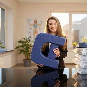 May include: A woman holding a large, blue, cushioned letter "C" shape. The letter is made of a soft material and appears to be a pillow or cushion. The background includes a window, a plant, and a poster.