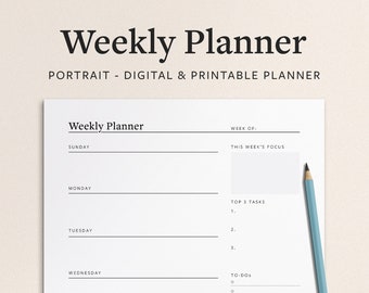 Weekly Planner Printable PDF - 2 Page Weekly Goal Planning and Review Template - Minimal Digital Vertical Format for Print or iPad Goodnotes