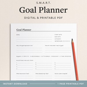 Goal Planner Printable - 1 Page Digital Smart Goal Planning Template - Minimal Vertical/Portrait PDF with Goal Setting and Action Steps