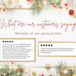 K&ouml;nnte beinhalten: Festliches Bild mit dem Text "What are our customers saying?" und "Reviews of our previous kits." Das Bild enth&auml;lt Kundenbewertungen mit 5-Sterne-Bewertungen, umgeben von Weihnachtsdekorationen.