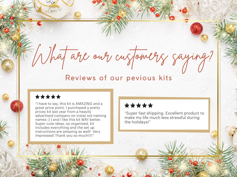 K&ouml;nnte beinhalten: Festliches Bild mit dem Text "What are our customers saying?" und "Reviews of our previous kits." Das Bild enth&auml;lt Kundenbewertungen mit 5-Sterne-Bewertungen, umgeben von Weihnachtsdekorationen.