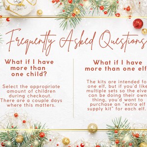 K&ouml;nnte beinhalten: Festliches Bild mit dem Text &bdquo;H&auml;ufig gestellte Fragen&ldquo;. Der Text beantwortet Fragen zur Bestellung mehrerer Elf-Kits, mit Weihnachtsdekoration im Hintergrund. Das Bild ist goldfarben umrahmt und mit Weihnachtsschmuck verziert.