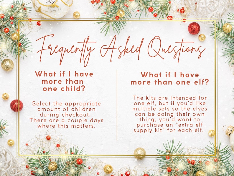 K&ouml;nnte beinhalten: Festliches Bild mit dem Text &bdquo;H&auml;ufig gestellte Fragen&ldquo;. Der Text beantwortet Fragen zur Bestellung mehrerer Elf-Kits, mit Weihnachtsdekoration im Hintergrund. Das Bild ist goldfarben umrahmt und mit Weihnachtsschmuck verziert.