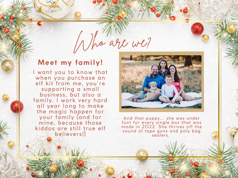 K&ouml;nnte beinhalten: Ein festliches Bild mit dem Text "Wer sind wir?" und "Treffen Sie meine Familie!" Ein Familienportr&auml;t befindet sich in der Mitte, umgeben von Weihnachtsdekorationen. Der Text beschreibt das Unternehmen als Familienunternehmen.