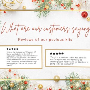 K&ouml;nnte beinhalten: Festliches Bild mit dem Text "What are our customers saying? Reviews of our previous kits." Das Bild ist mit Weihnachtsdekorationen umrahmt, darunter Ornamente und Tannenzweige. Kundenbewertungen werden innerhalb des Rahmens angezeigt.