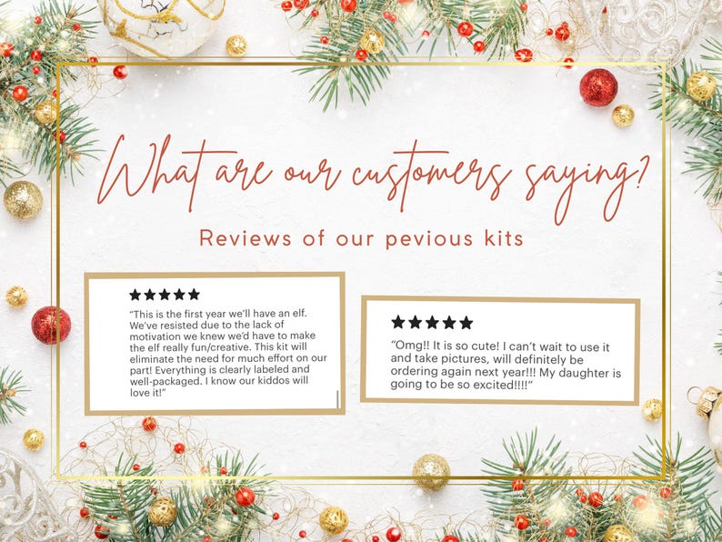K&ouml;nnte beinhalten: Festliches Bild mit dem Text "What are our customers saying? Reviews of our previous kits." Das Bild ist mit Weihnachtsdekorationen umrahmt, darunter Ornamente und Tannenzweige. Kundenbewertungen werden innerhalb des Rahmens angezeigt.