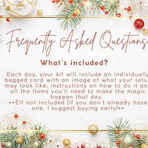 K&ouml;nnte beinhalten: Festliches Bild mit dem Text &bdquo;H&auml;ufig gestellte Fragen&ldquo;. Der Text erkl&auml;rt, was in einem Kit enthalten ist, wie z. B. eine verpackte Karte mit Anweisungen und Bildern. Das Bild ist mit Weihnachtsschmuck und Gr&uuml;n geschm&uuml;ckt.