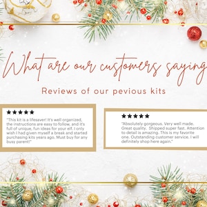 K&ouml;nnte beinhalten: Festliches Bild mit dem Text "What are our customers saying? Reviews of our previous kits." Das Bild ist mit Weihnachtsdekorationen umrahmt, darunter Tannenzweige, Ornamente und goldene Akzente. Zwei Kundenbewertungen werden in rechteckigen K&auml;sten angezeigt.