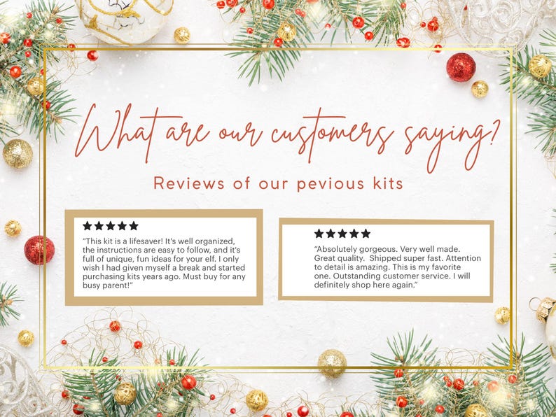 K&ouml;nnte beinhalten: Festliches Bild mit dem Text "What are our customers saying? Reviews of our previous kits." Das Bild ist mit Weihnachtsdekorationen umrahmt, darunter Tannenzweige, Ornamente und goldene Akzente. Zwei Kundenbewertungen werden in rechteckigen K&auml;sten angezeigt.
