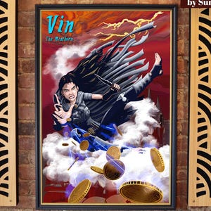 May include: A framed fine art print, 24 x 36 inches, featuring a dynamic fantasy illustration. The artwork depicts a character in action with a dark cloak, set against a red and orange sky with lightning. Gold coins are scattered in the foreground.