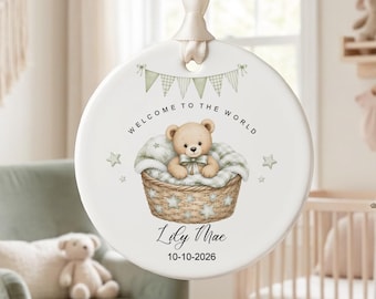 Personalised New Baby Ceramic Keepsake Gift |  Welcome to the World Grandchild Ornament | Neutral Teddy Gift  | New Baby Boy Girl Gift