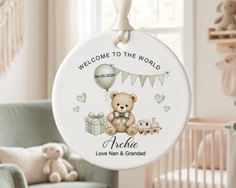 Personalised New Baby Ceramic Keepsake Gift | New Baby Boy Girl Gift |  Welcome to the World Grandchild Ornament  | Neutral Teddy Baby