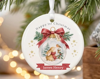 Personalised Baby's 1st Christmas Bauble | Baby Boy Girl First Christmas Decoration | Rabbit and Robin  Ceramic Christmas Ornament
