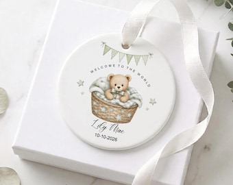 Personalised New Baby Ceramic Keepsake Gift | New Baby Boy Girl Gift |  Welcome to the World Grandchild Ornament | Neutral Teddy Baby Gift