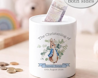 Personalised Blue Rabbit Christening Money Box, Ceramic Baby Boy Keepsake