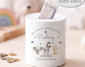 Personalised Safari Christening Money Box, Ceramic Keepsake Gift, Neutral Nursery Savings Bank