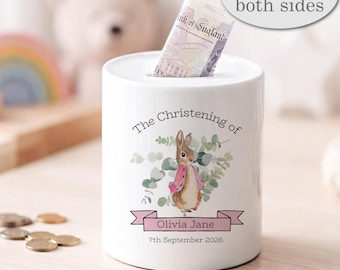 Personalised Pink Rabbit Christening Money Box, Ceramic Baby Girl Keepsake