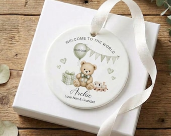Personalised New Baby Ceramic Keepsake Gift | New Baby Boy Girl Gift |  Welcome to the World Grandchild Ornament | Neutral Teddy Baby Gift
