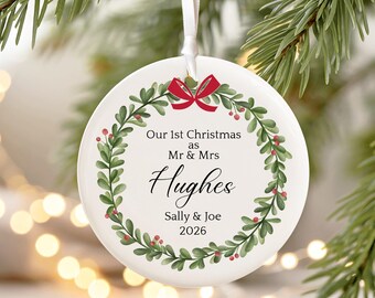 Personalised 1st Christmas Married Ornament, First Christmas as Mr and Mrs Ceramic Bauble, Custom Newlywed Gift, Tree Decoration