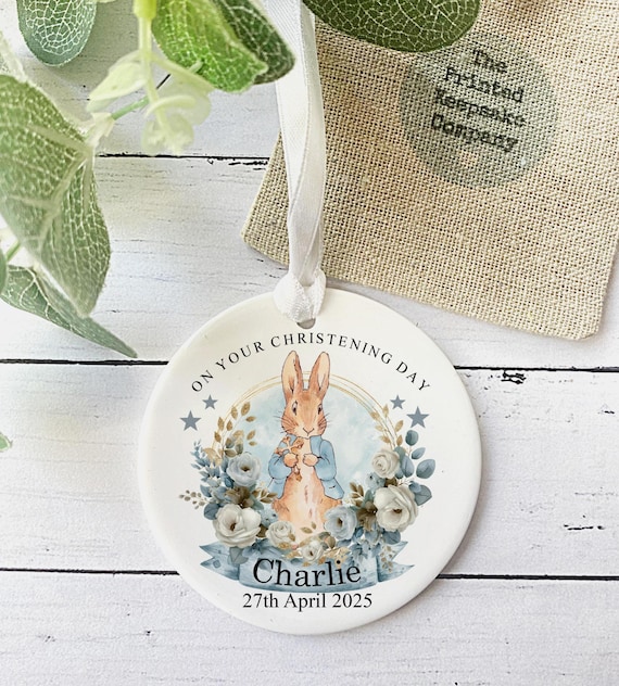 Personalised Christening Keepsake: Blue Floral Rabbit Ceramic Ornament