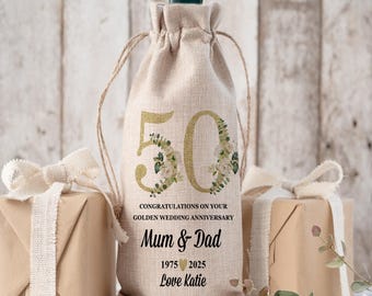 Personalised Wine Bag 50th Anniversary Burlap  | Golden Wedding Gift