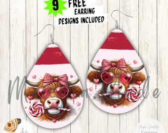 Highland Cow Candy Teardrop Earrings PNG: Cute Heart Glasses Cow Sublimation Design (Digital Download)