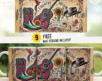 Raised On Country Music Mug Wrap, Sublimation Design (PNG)