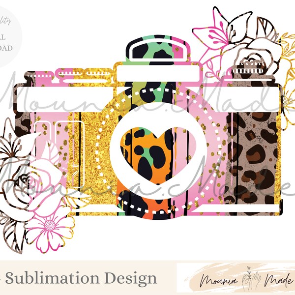 Floral Cheetah Photography Camera PNG, Sublimation Design, Sublimation Printable, Leopard Design, Instant Digital Download