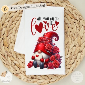 Love Gnome Kitchen Towel Sublimation Design PNG, Gnome Kitchen Tea Towel Baking Sublimation, Instant Digital Download, Red Roses Gnome