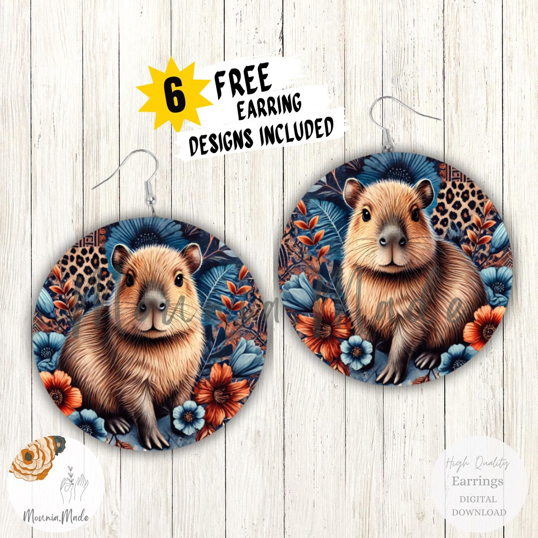 Cute Capybara Earrings Sublimation Design PNG, Round Earrings Template ...