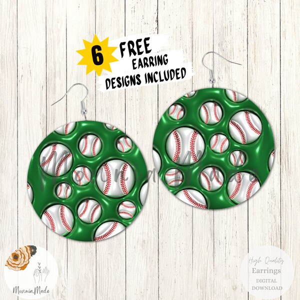 Baseball 3D Inflated Earrings Sublimation Design PNG, Round Earrings Template, Instant Digital Download, Green Baseball 3D Earrings