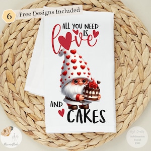 Love Gnome Kitchen Towel Sublimation Design PNG, Hearts Kitchen Tea Towel Baking Sublimation,Instant Digital Download, Cake Gnome Love Gnome