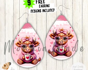 Cute Highland Cow Teardrop Earrings PNG: Cozy Bow Cow Coffee Sublimation Design (Digital Download)