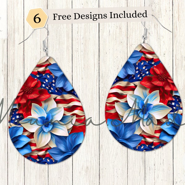 3D Flowers - Earrings Sublimation Design PNG, 3D Floral Independence Day Teardrop Earring Sublimation, Instant Digital Download