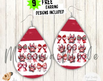 Dog Paw Bow Teardrop Earrings PNG: Heart Paw Sublimation Design (Digital Download)