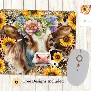 Sunflower Cow - Mouse Pad Sublimation Design PNG, Cheetah Computer Mouse Pad, Sunflower Glitter Sublimation, Instant Digital Download