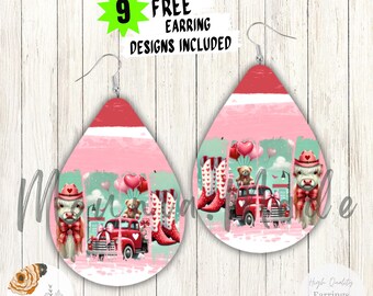 Western Love Town Teardrop Earrings PNG: Cowgirl Boots Truck Cow Sublimation Design (Digital Download)