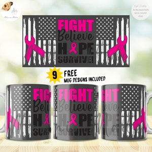 Breast Cancer Fighter - Coffee Mug Sublimation Templates 11 & 15 Oz, Mug Wrap, Mug Press Sublimation Wrap, PNG 300DPI - Digital Download