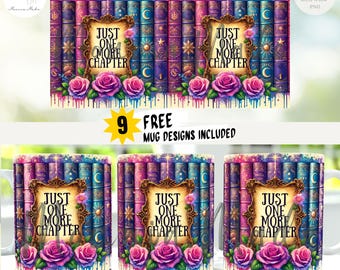 Just One More Chapter Mug Wrap, Fantasy Books and Roses (PNG Digital Download)