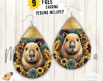 Cute Capybara Teardrop Earrings Sublimation Design PNG (Digital Download)