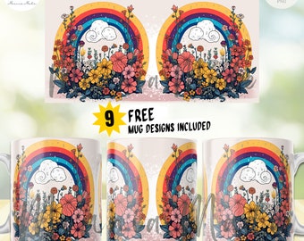 Floral Rainbow - Coffee Mug Sublimation Templates 11 & 15 Oz, Floral Mug Wrap, 3D Mug Press Sublimation Wrap, PNG 300DPI -Digital Download