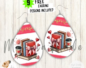 Book Lover Teardrop Earrings PNG: Romantic Books Sublimation Design (Digital Download)
