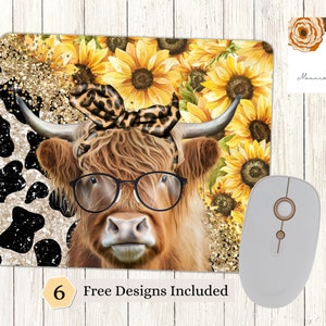 Highland Cow - Mouse Pad Sublimation Design PNG, Cowhide Computer Mouse Pad, Sunflower Glitter Sublimation, Instant Digital Download