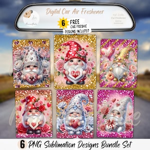 May include: Six digital sublimation designs featuring gnomes with hearts, flowers, and glitter backgrounds. The designs are perfect for creating car air fresheners, sublimation projects, or other crafts.