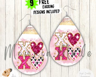 XOXO Heart Teardrop Earrings PNG: Glitter Letter Love Sublimation Design (Digital Download)
