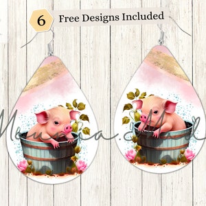 Pig in a Bucket Earrings Sublimation Design PNG, Farm Pig Teardrop Earrings, Floral Bucket Sublimation, Instant Digital Download