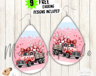 Pink Heart Truck Teardrop Earrings PNG: Vintage Love Truck Sublimation Design (Digital Download)